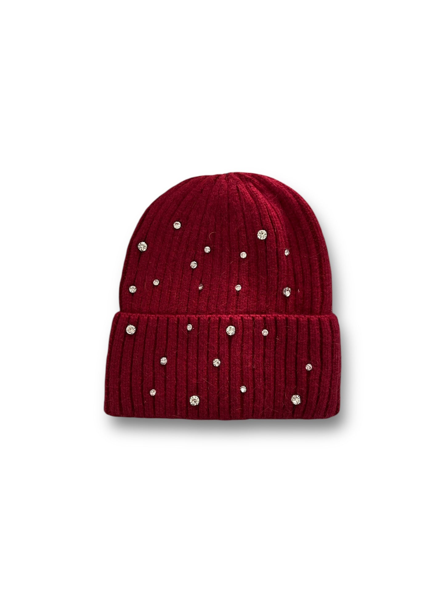 Berretto in misto angora a costine con strass
