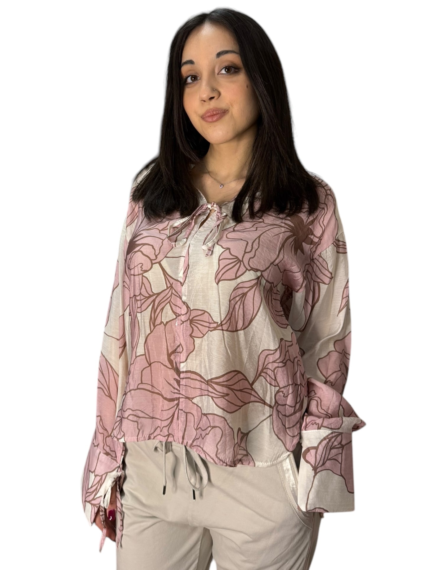 Blusa effetto lino con stampa floreale a contrasto