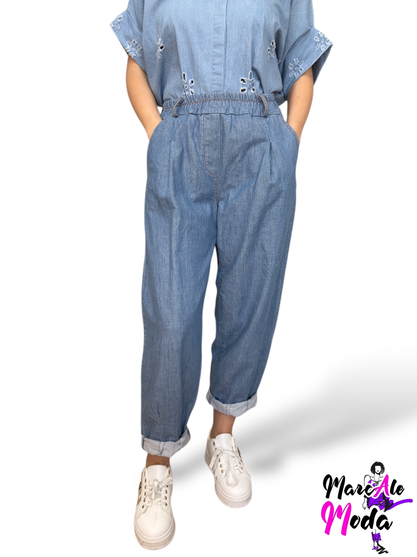 Pantaloni in chambray tapered fit con vita elasticizzata
