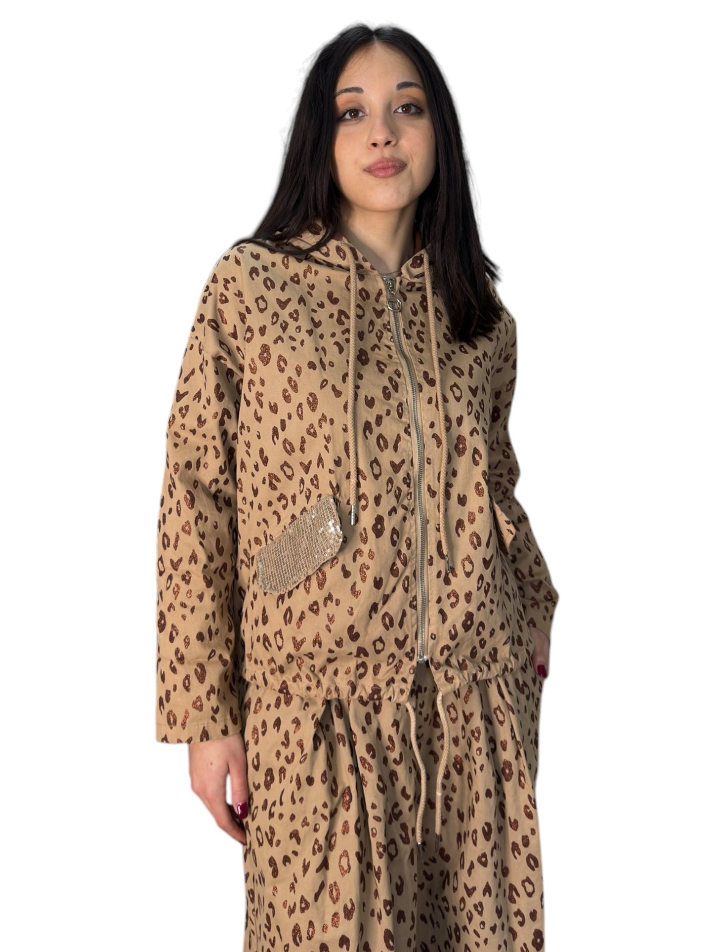 Coordinato giacca e pantaloni in cotone con pattern maculato in glitter