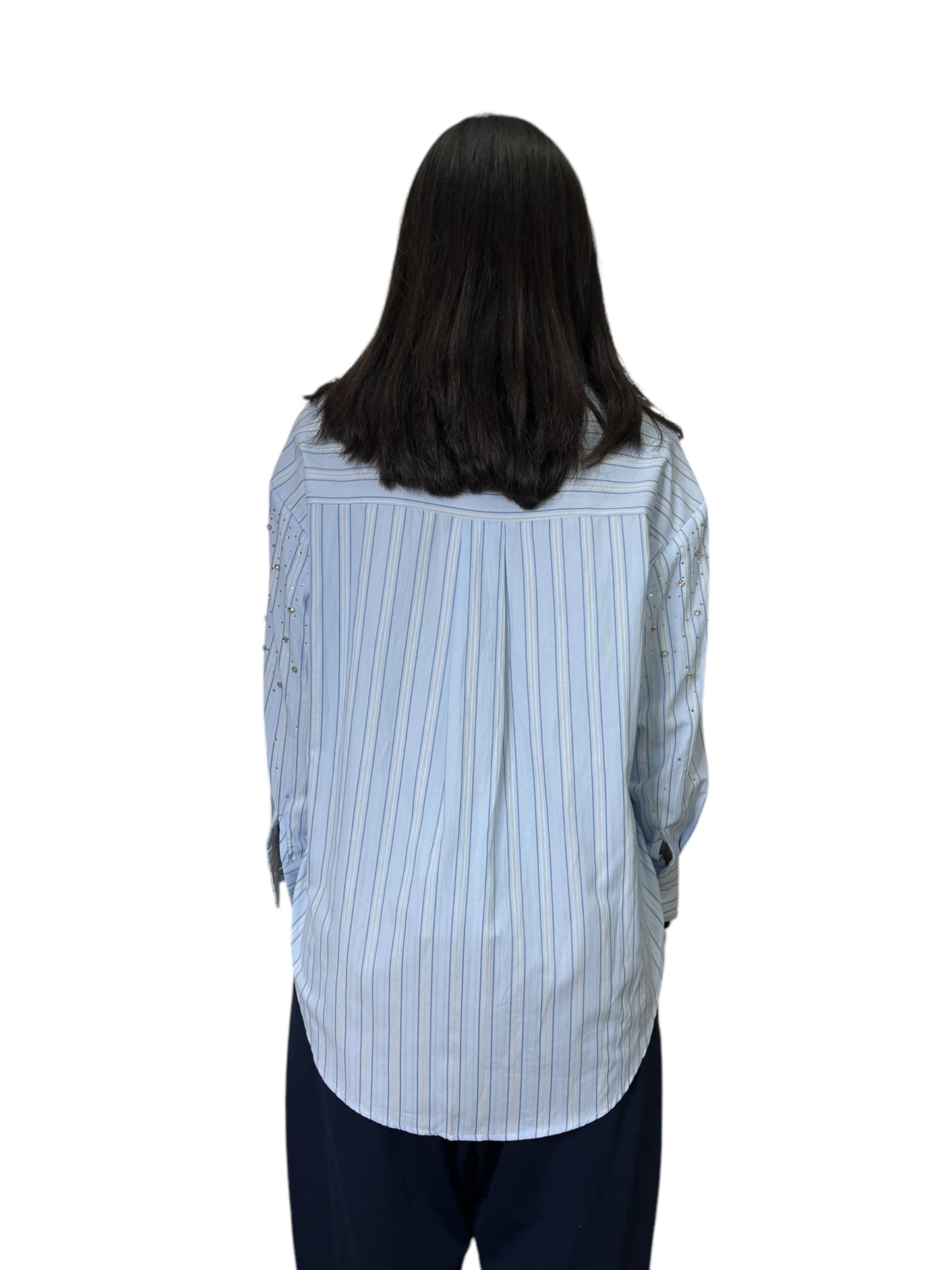 Camicia a righe in cotone con spalle scese e strass