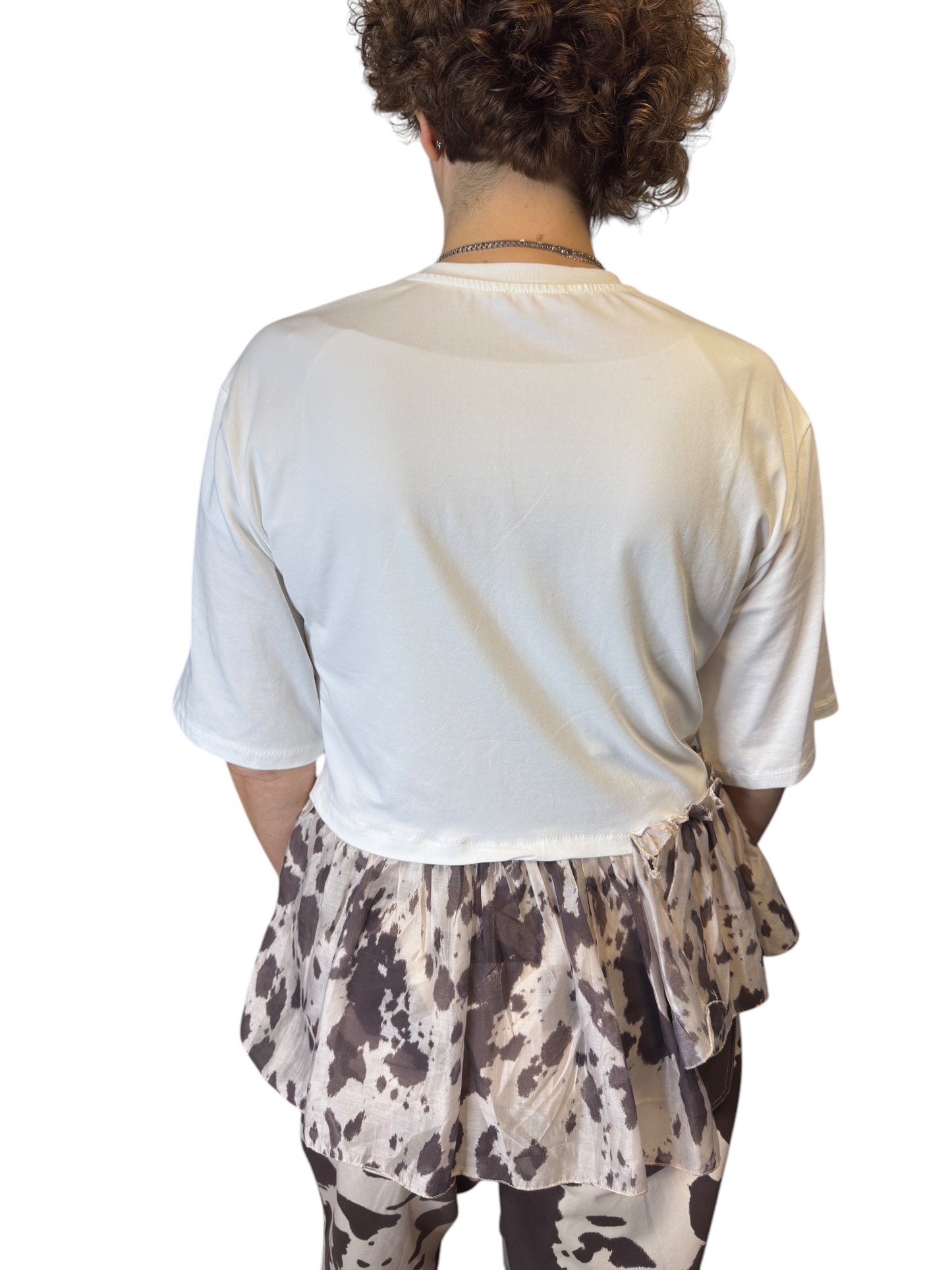 T-shirt in cotone con sezione in tulle con stampa animalier
