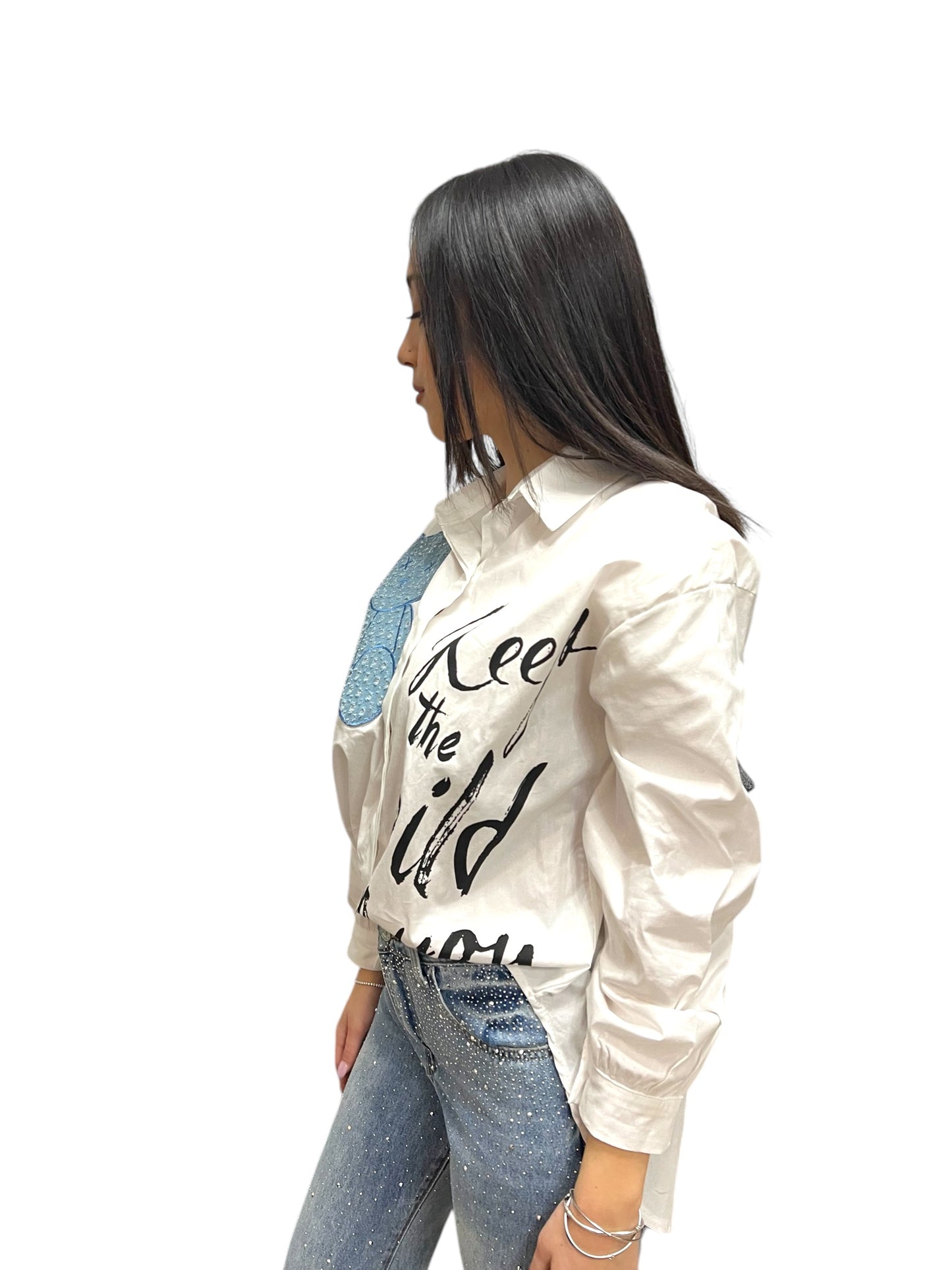 Camicia con scritte e patch a orsacchiotto XL in denim