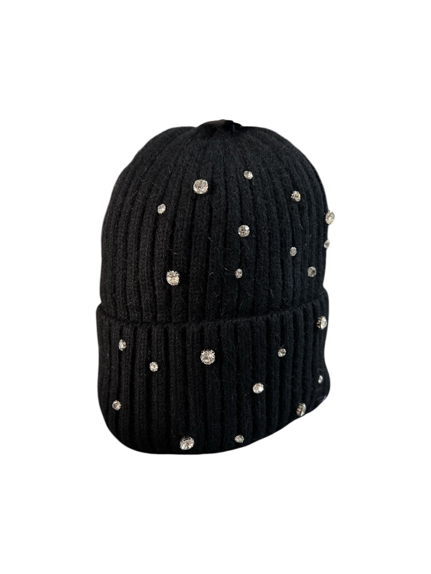 Angora blend ribbed hat with rhinestones