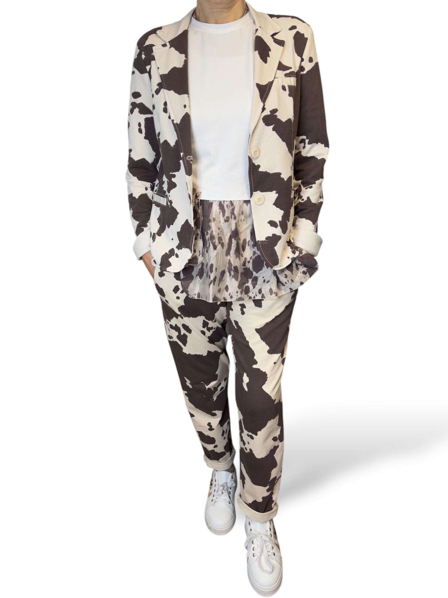 Tailleur in french terry con stampa a mucca