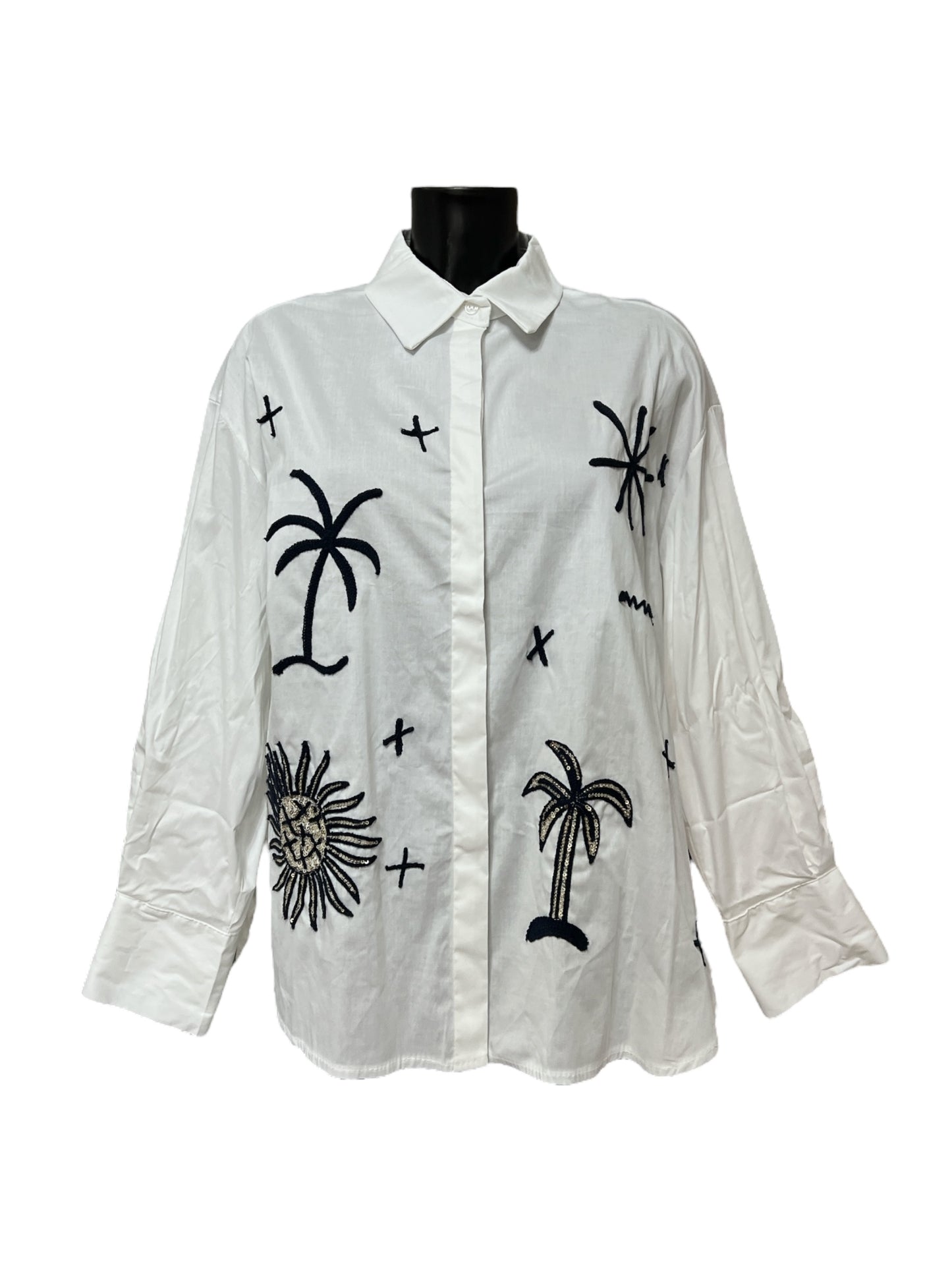 Camicia in cotone con ricami in rilievo e paillettes