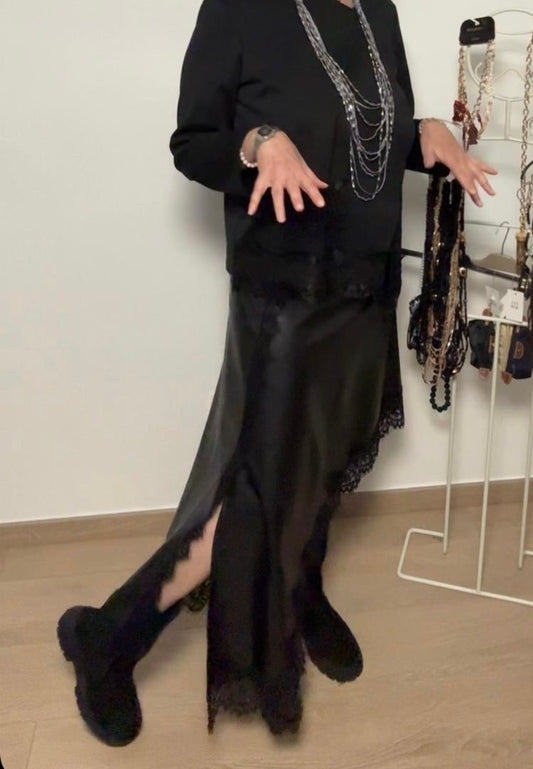 Gonna in simil pelle e pizzo