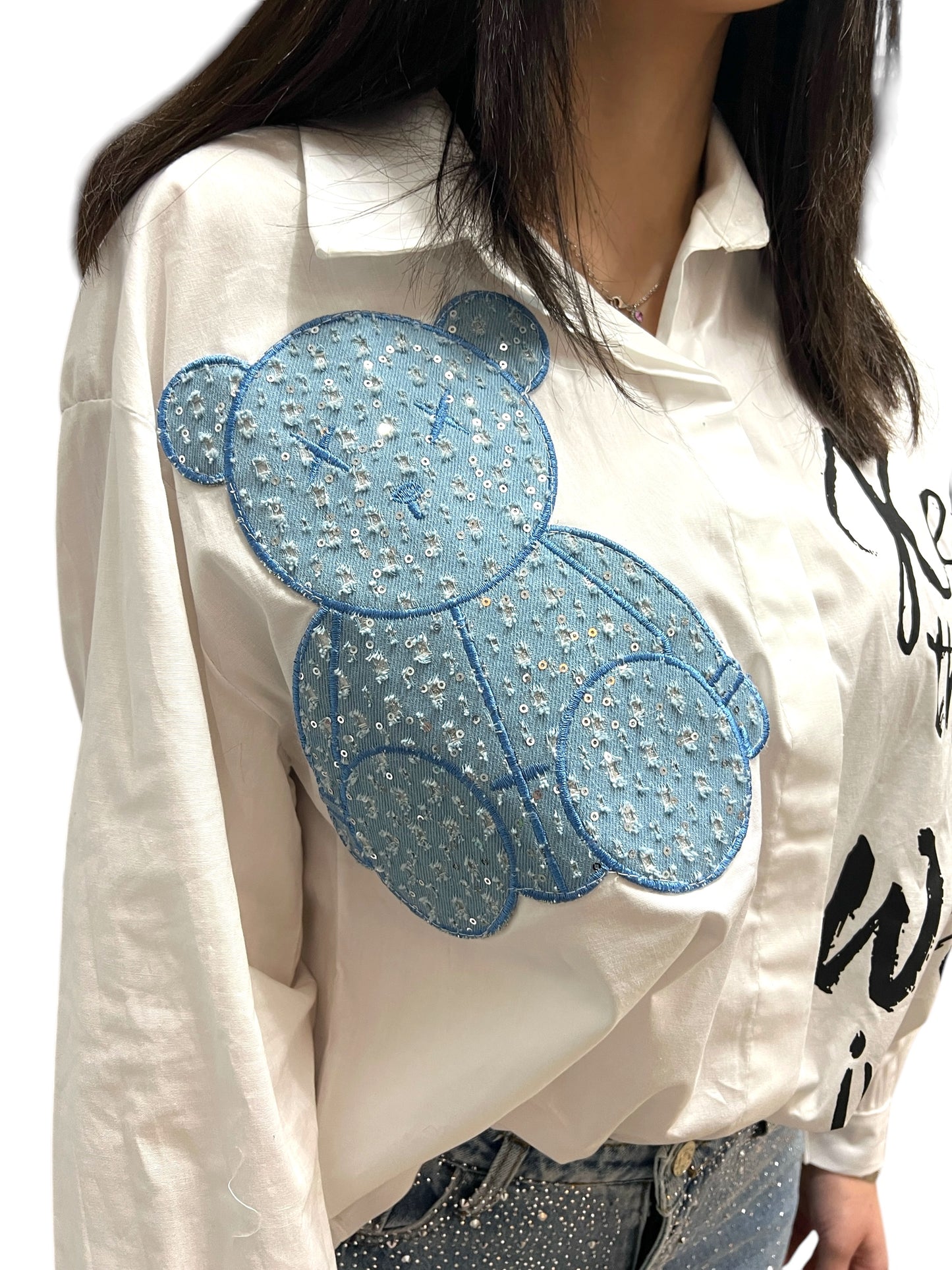 Camicia con scritte e patch a orsacchiotto XL in denim