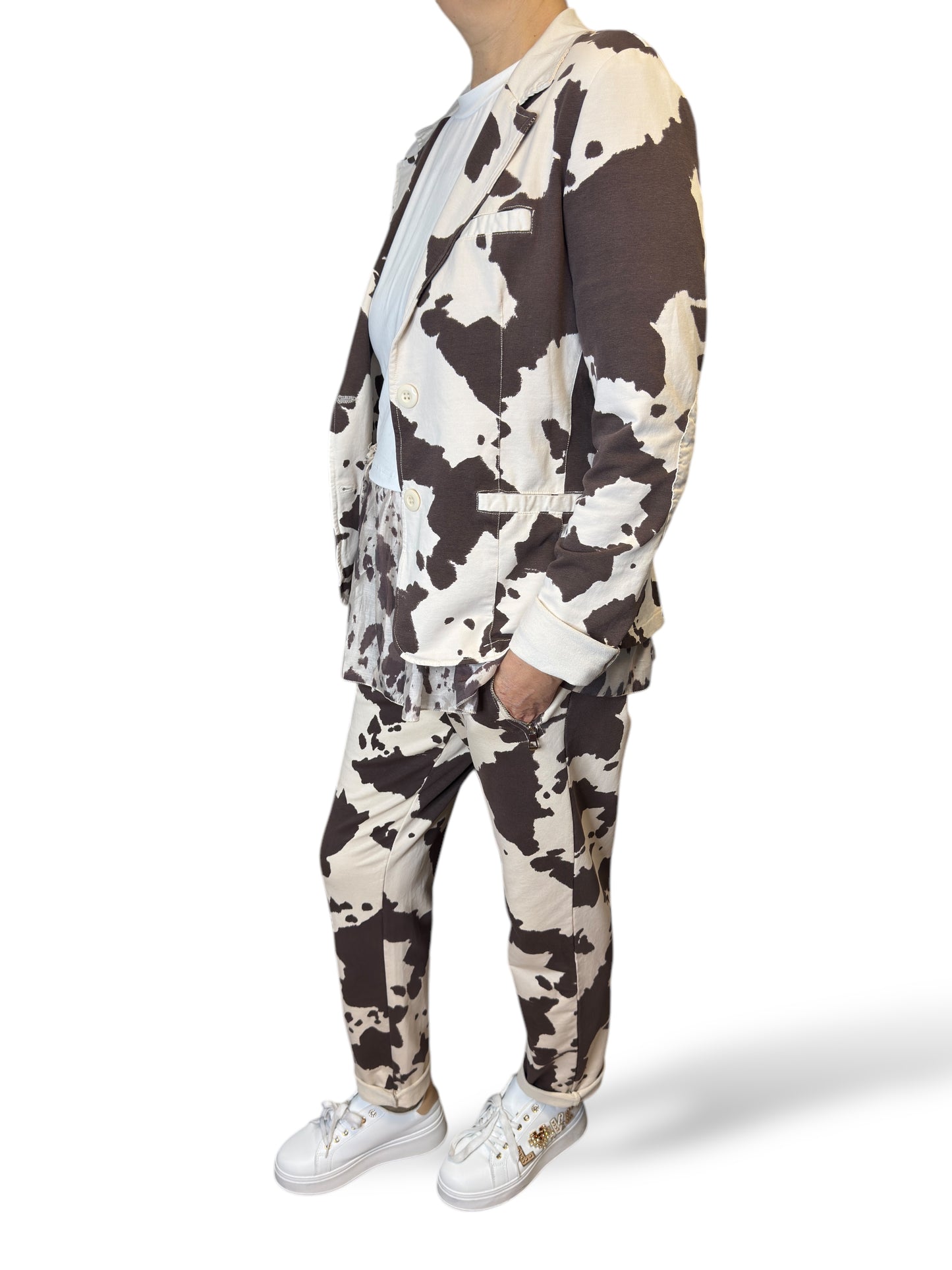 Tailleur in french terry con stampa a mucca