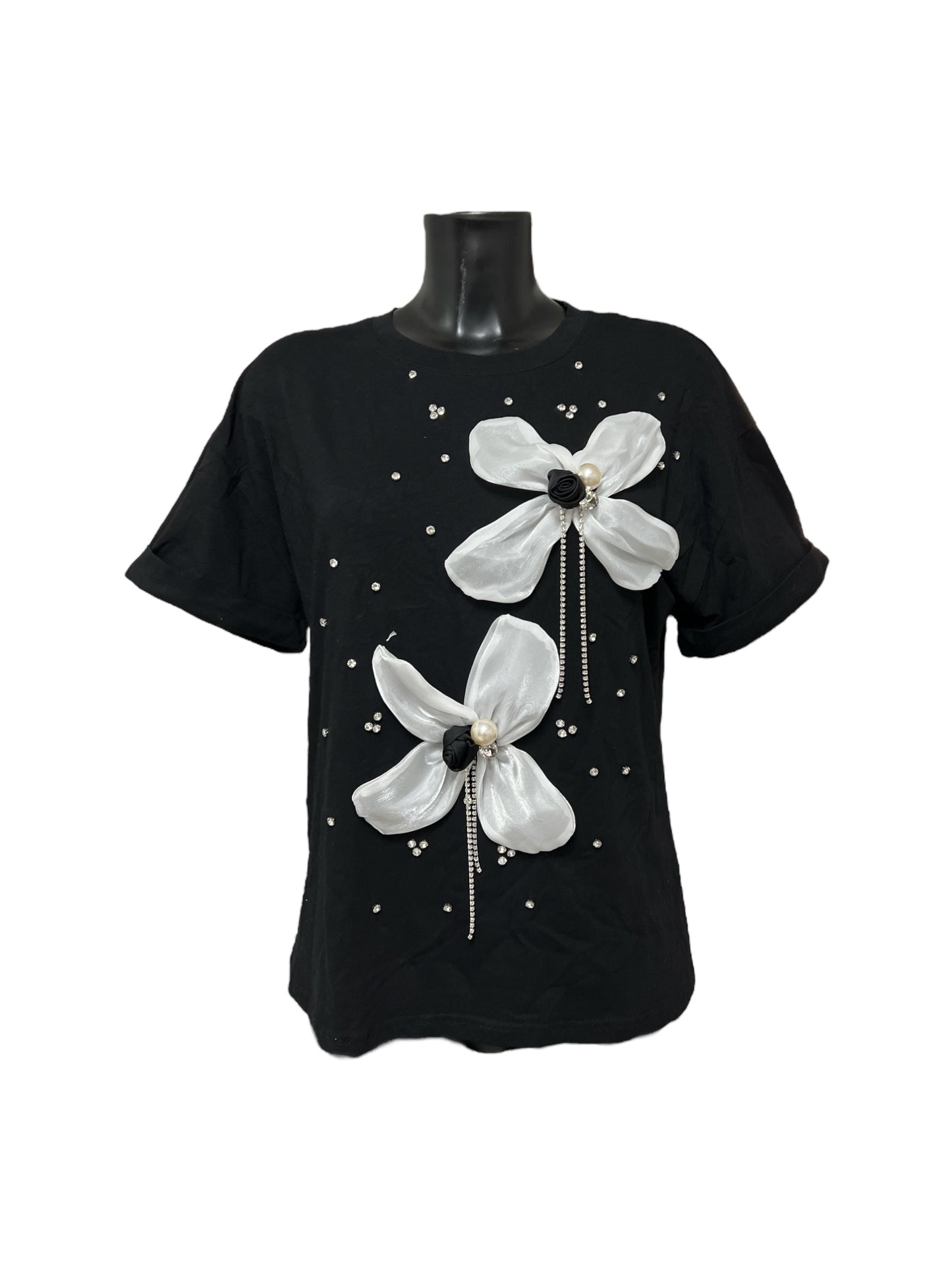 T-shirt con inserti di fiori in raso e strass