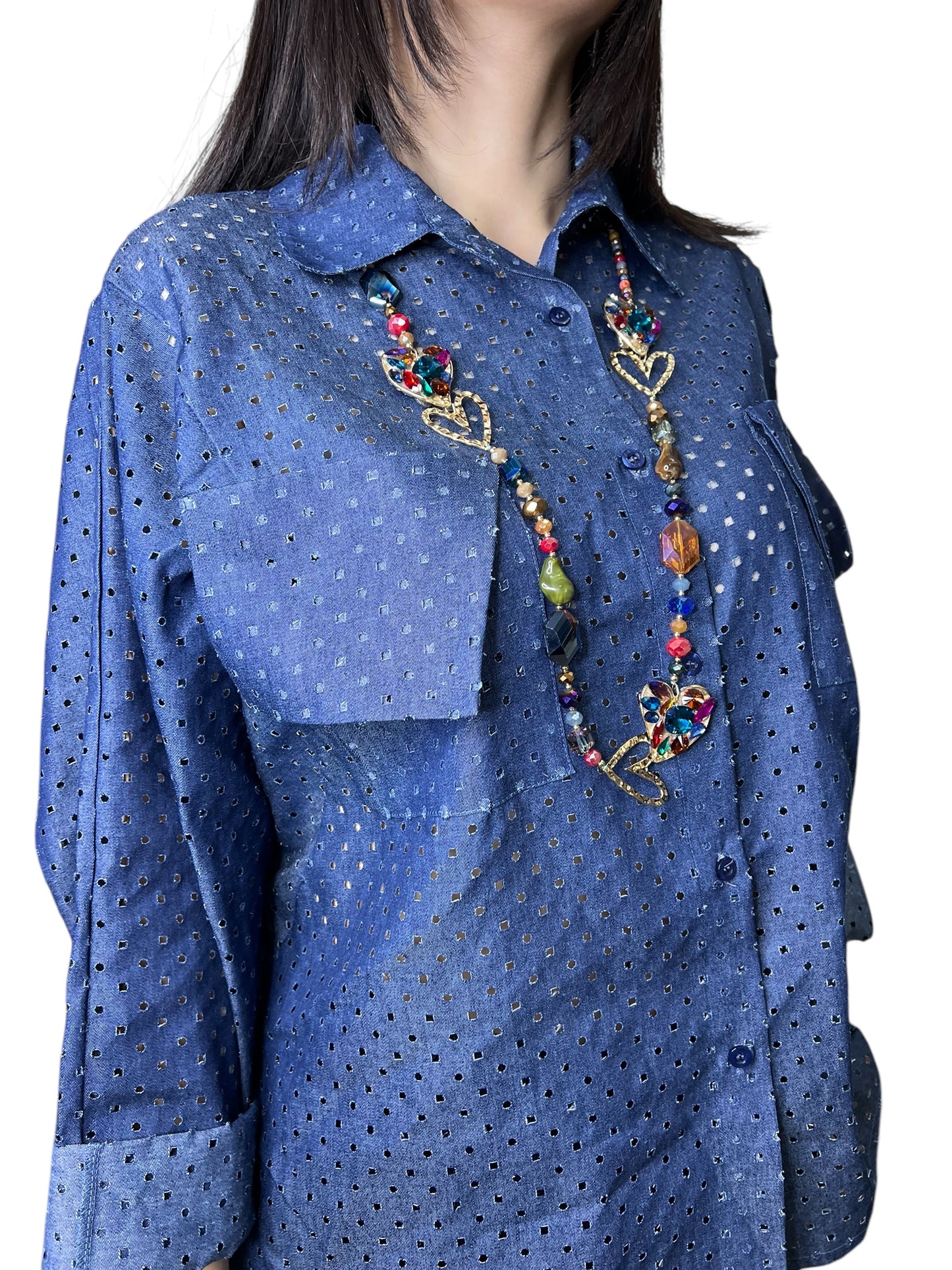 Sun Sun camicia traforata in chambray con tasche sul petto