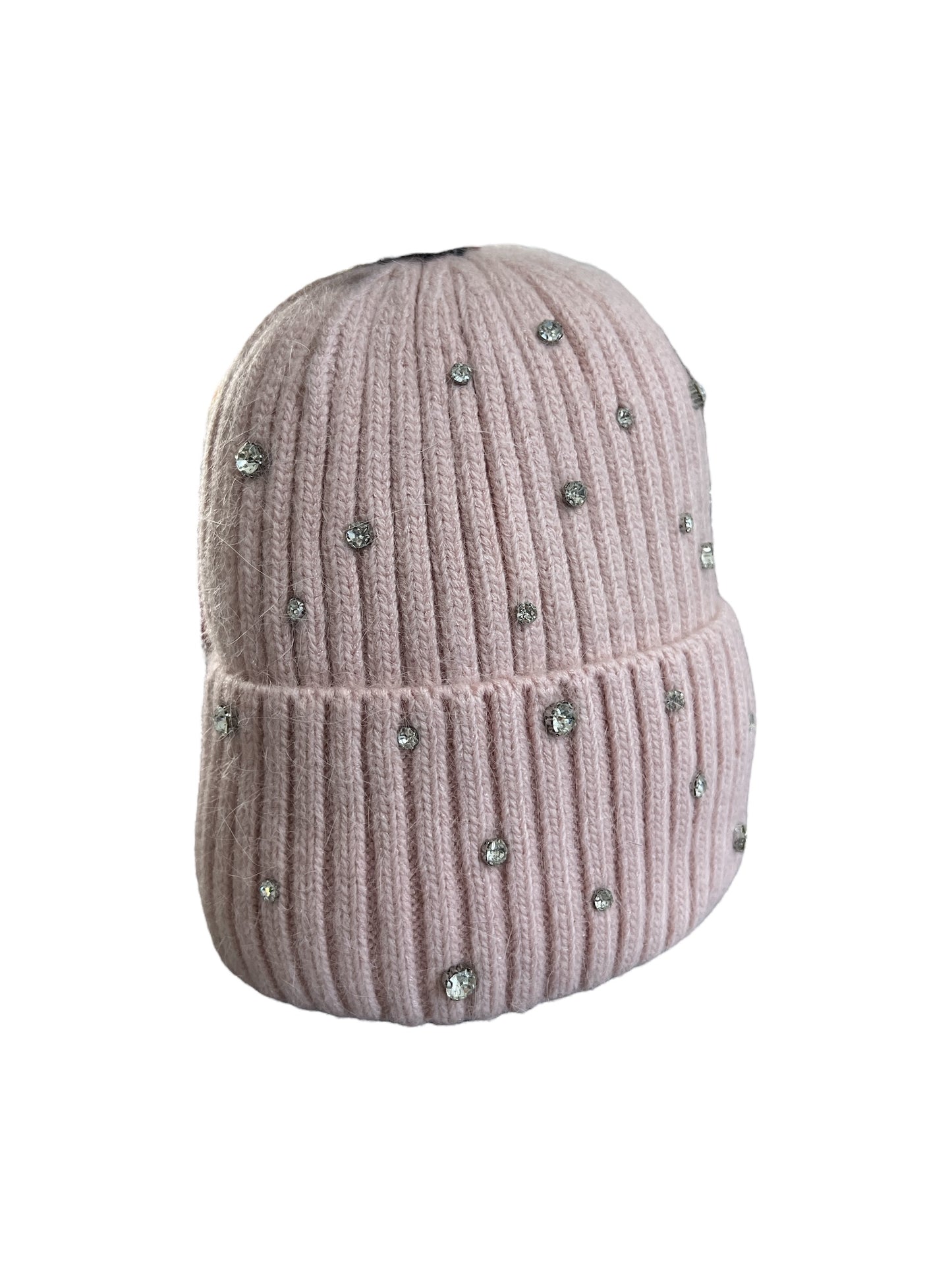 Berretto in misto angora a costine con strass
