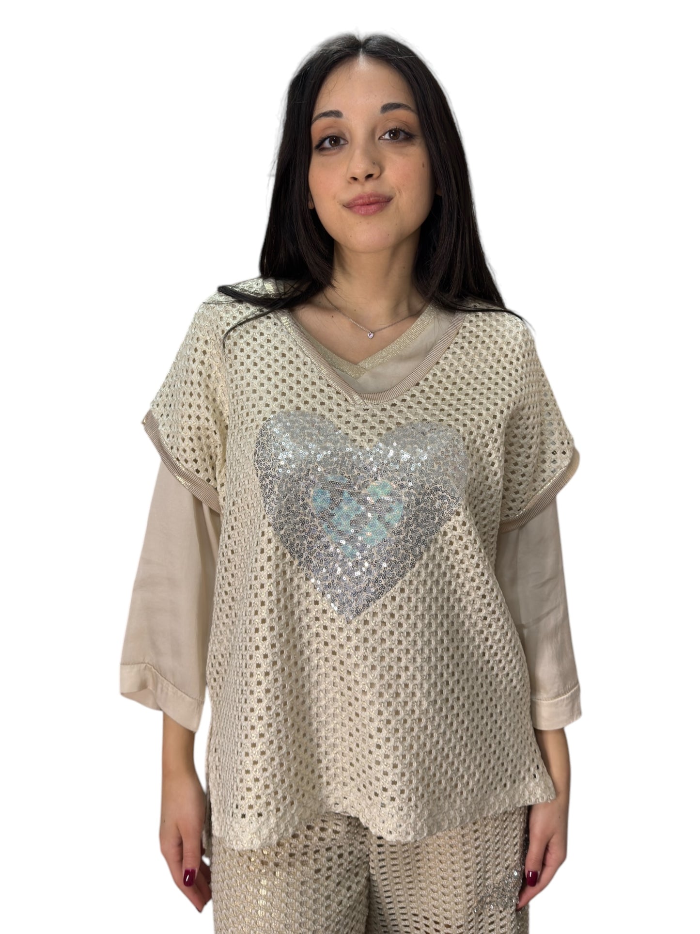 T-shirt in mesh con scollo a V e paillettes