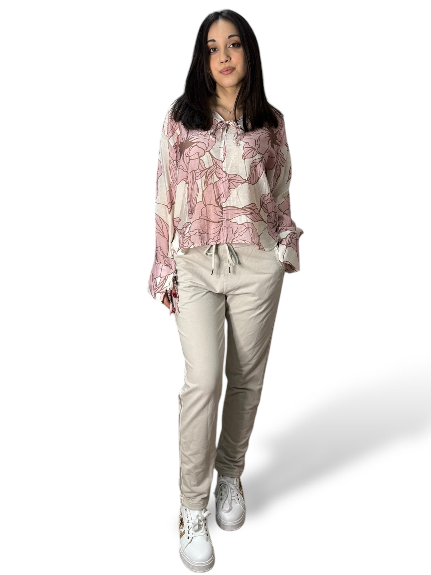 Blusa effetto lino con stampa floreale a contrasto