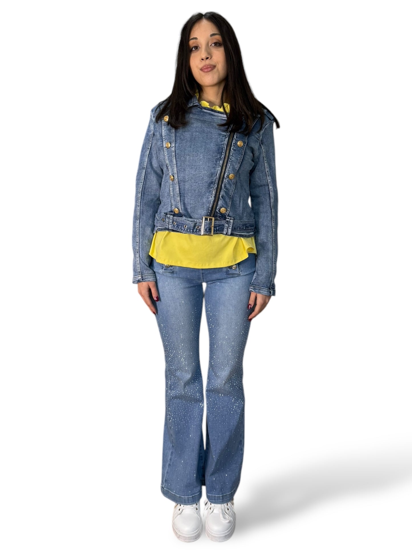 Chiodo in denim con cintura e dettagli oro