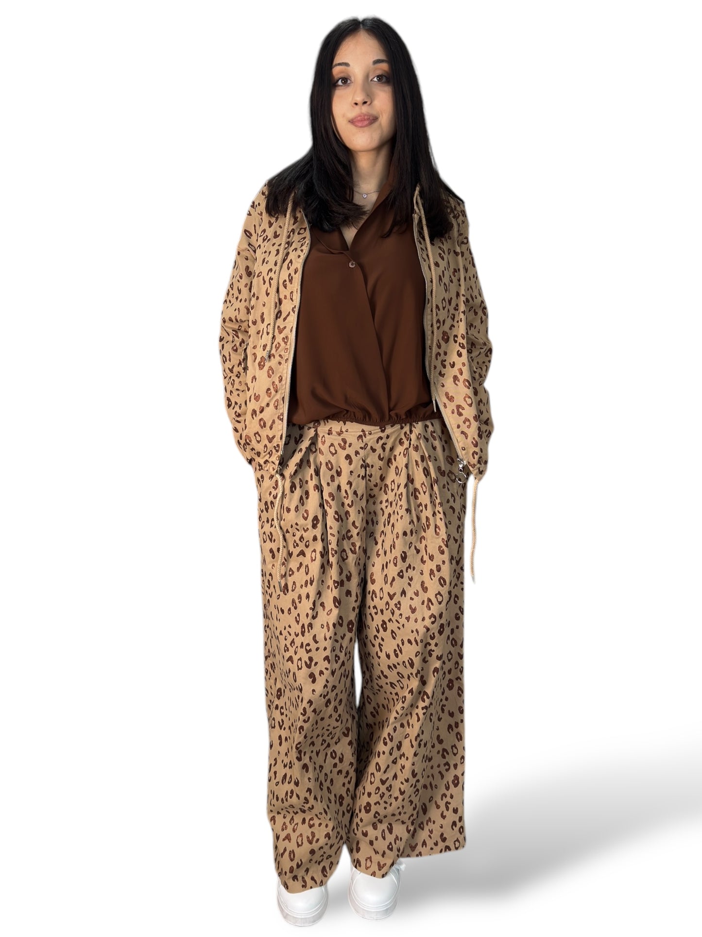 Coordinato giacca e pantaloni in cotone con pattern maculato in glitter
