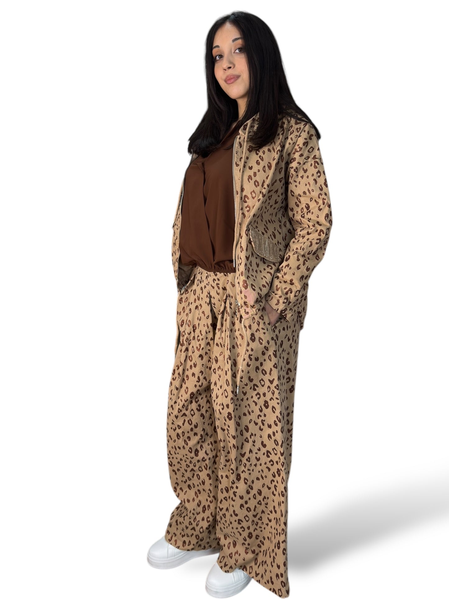Coordinato giacca e pantaloni in cotone con pattern maculato in glitter