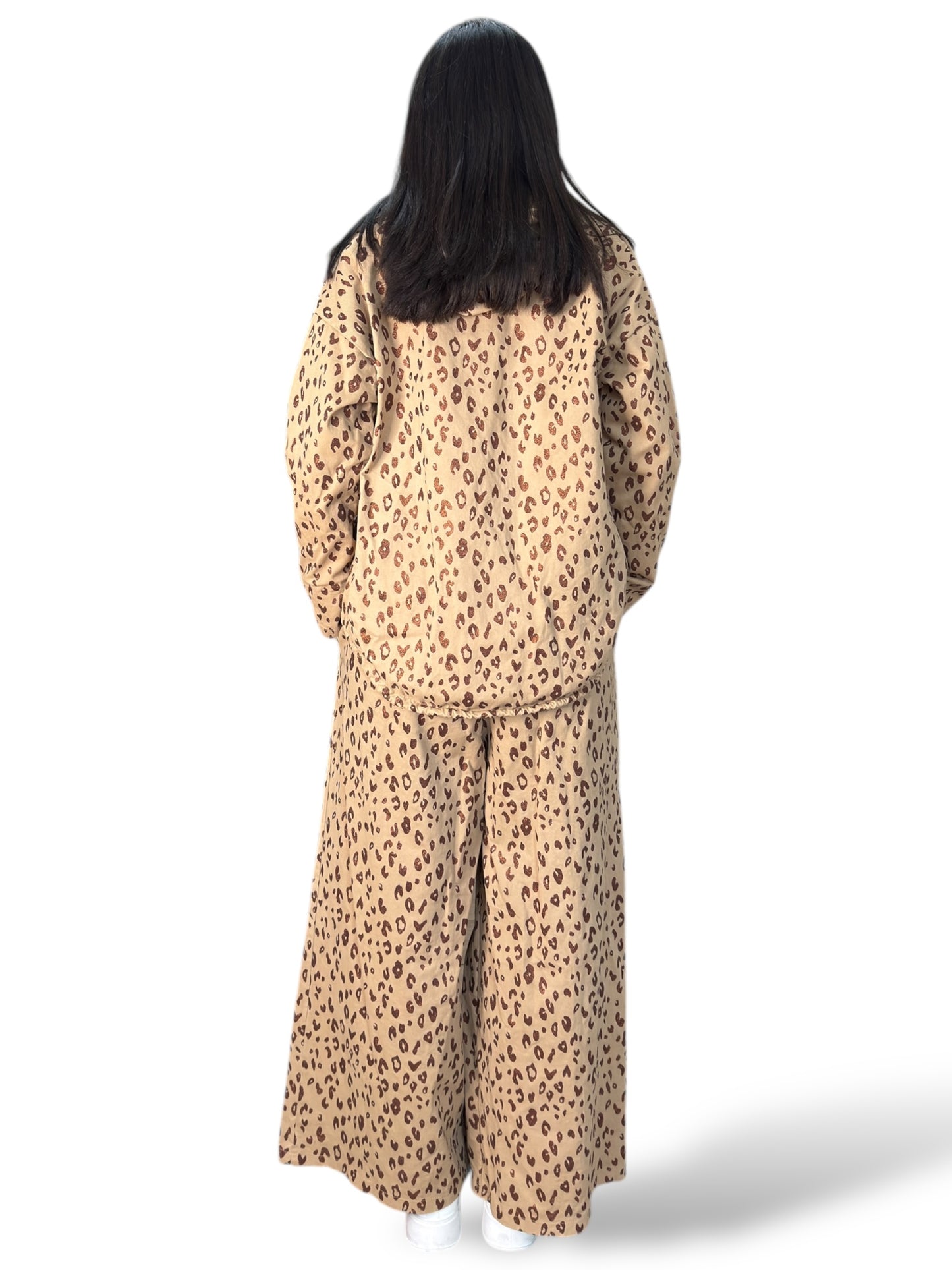 Coordinato giacca e pantaloni in cotone con pattern maculato in glitter