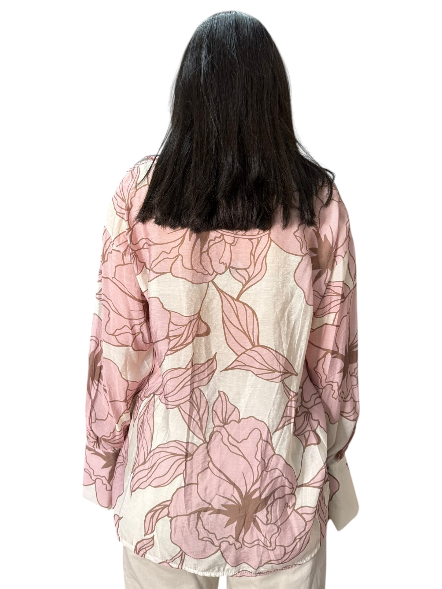 Blusa effetto lino con stampa floreale a contrasto