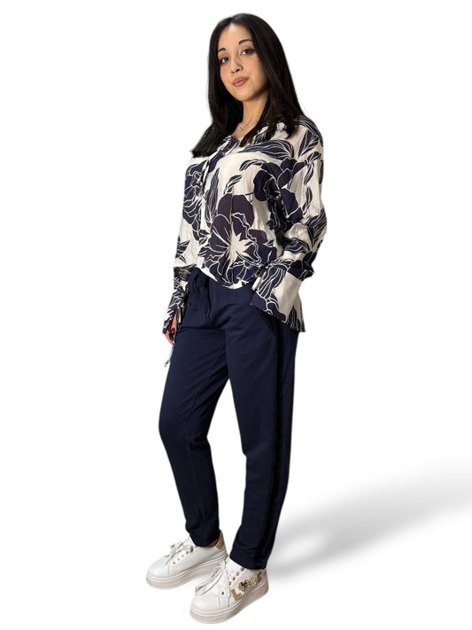 Blusa effetto lino con stampa floreale a contrasto