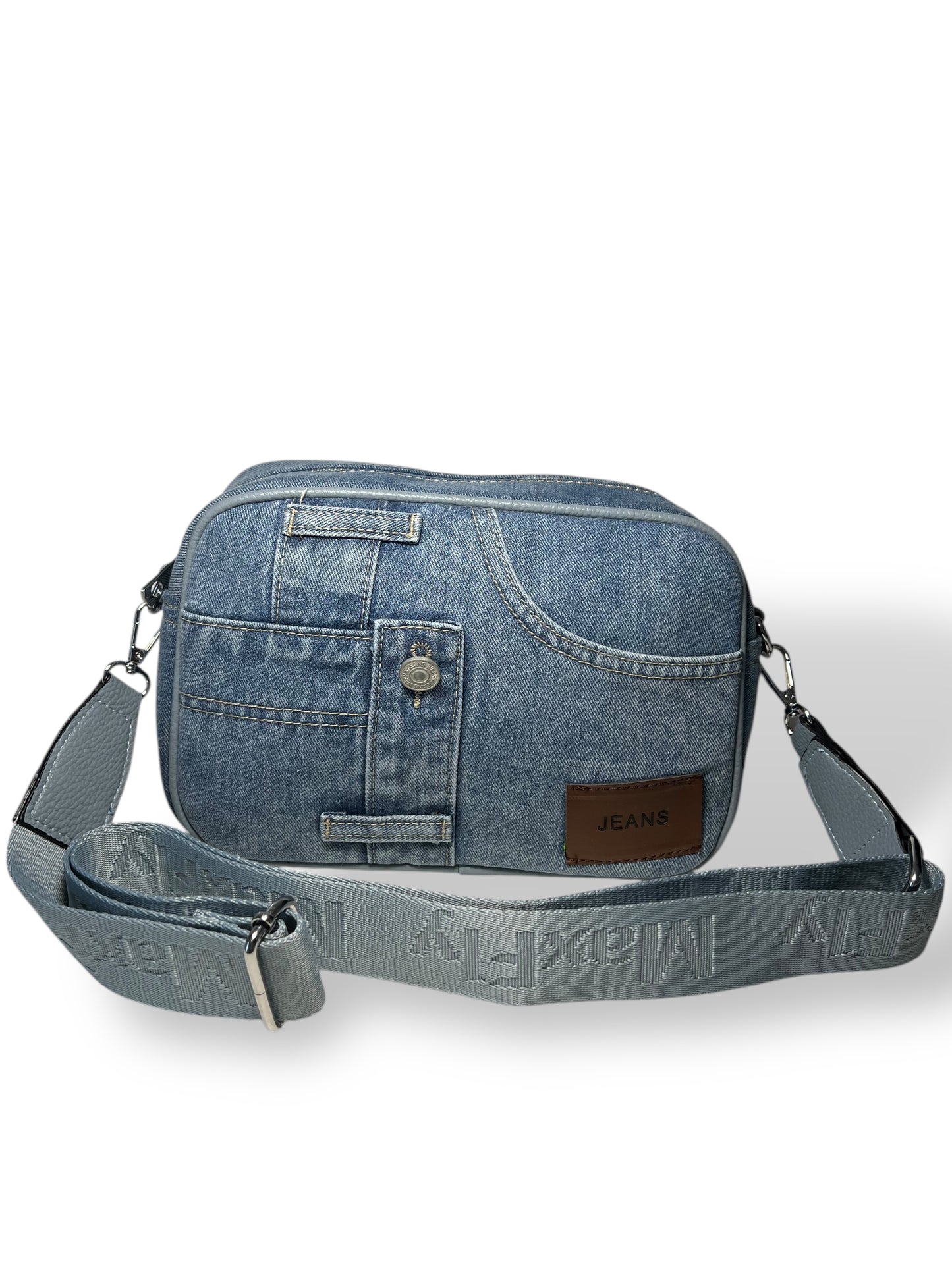 Borsello con lavorazione di jeans e profili in pelle