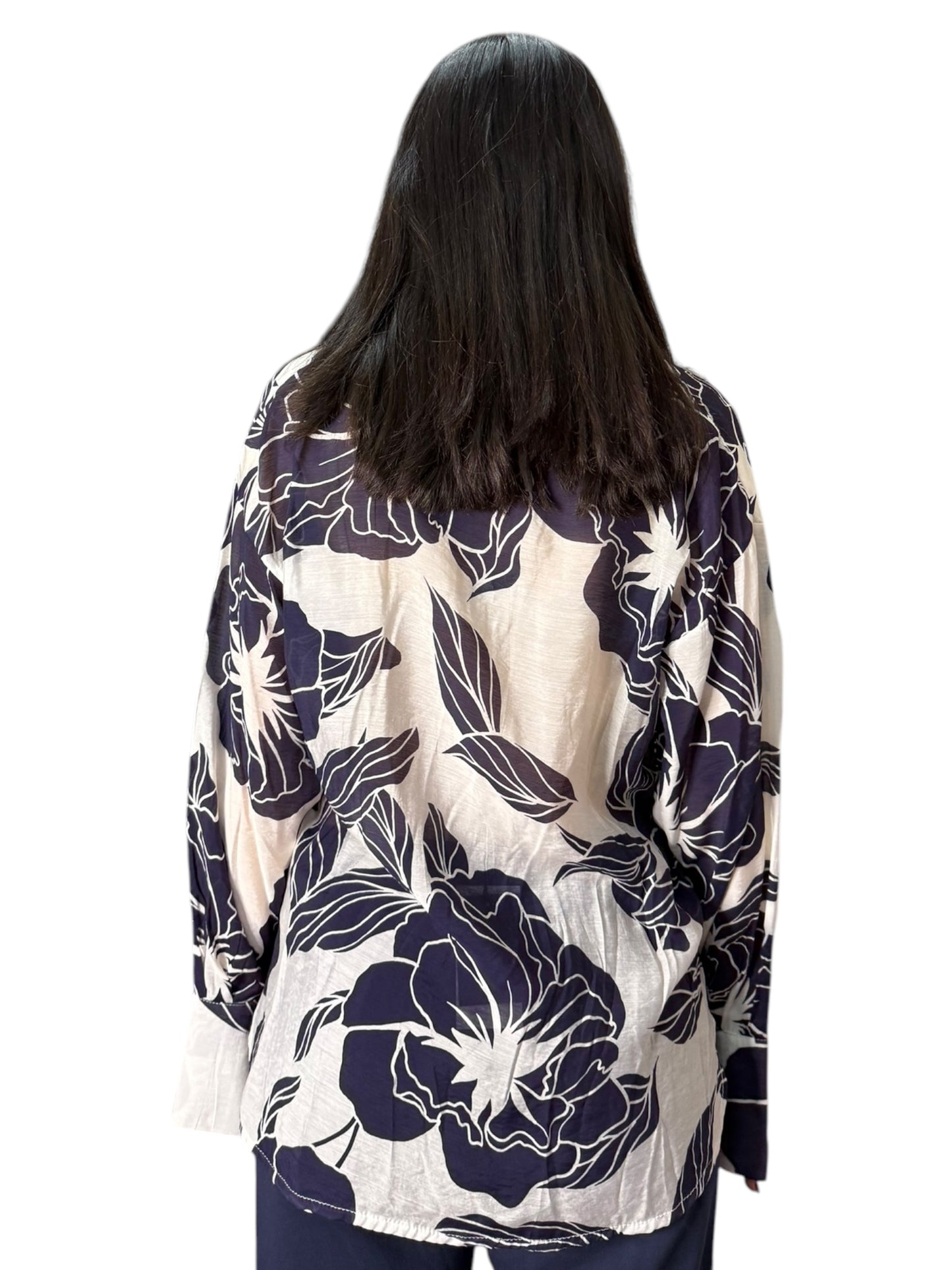 Blusa effetto lino con stampa floreale a contrasto