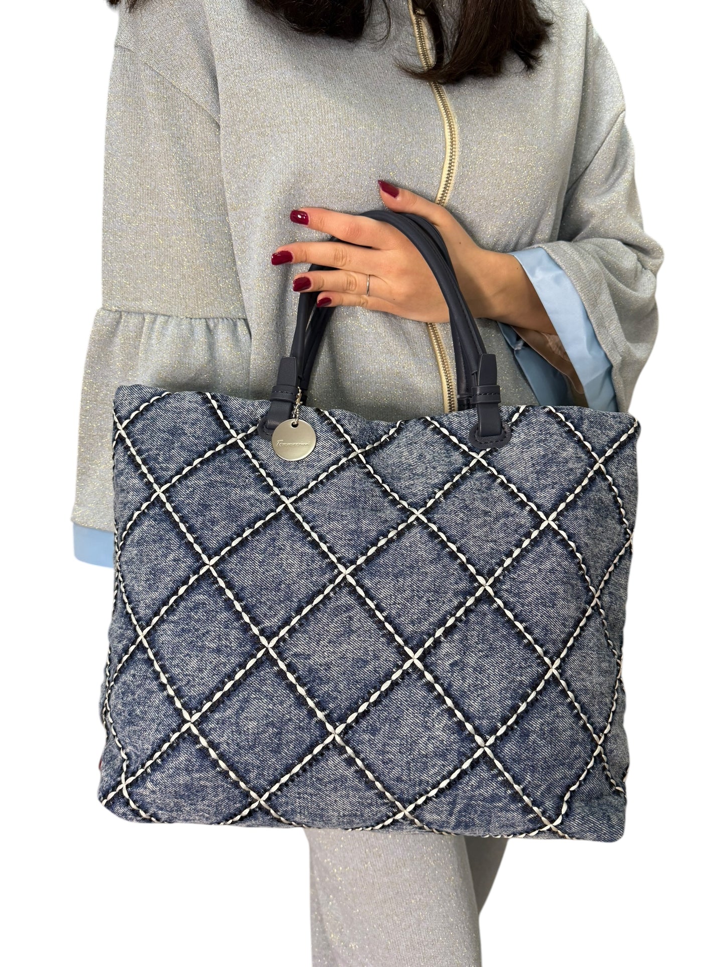 Tomassini borsa in denim con impunture a rombi a contrasto