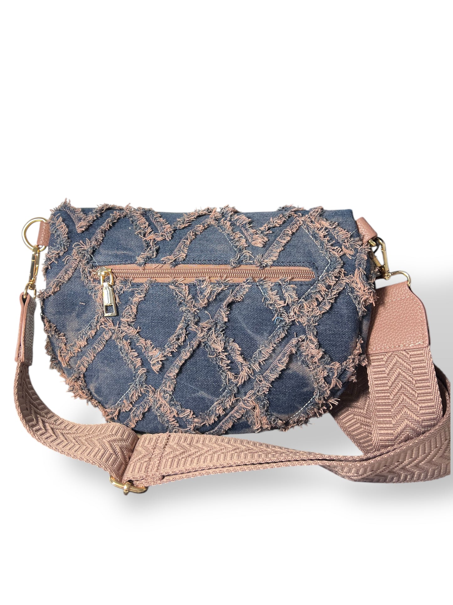 Marsupio in denim con lavorazione sfilacciata a rombi