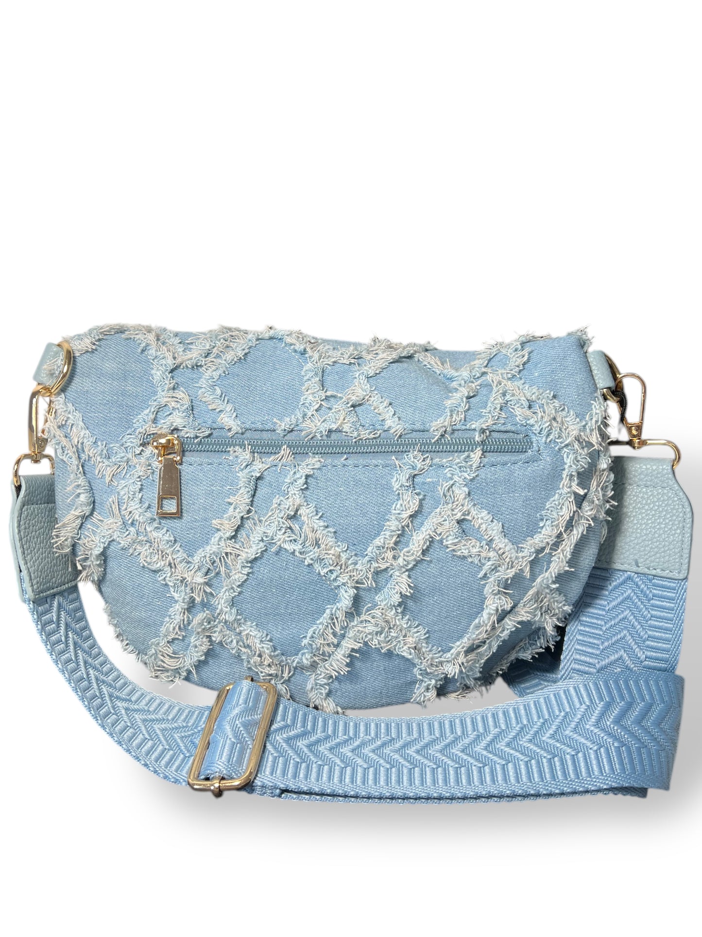Marsupio in denim con lavorazione sfilacciata a rombi