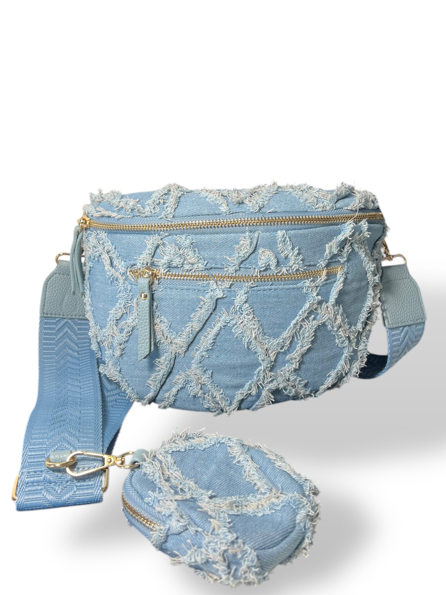 Marsupio in denim con lavorazione sfilacciata a rombi