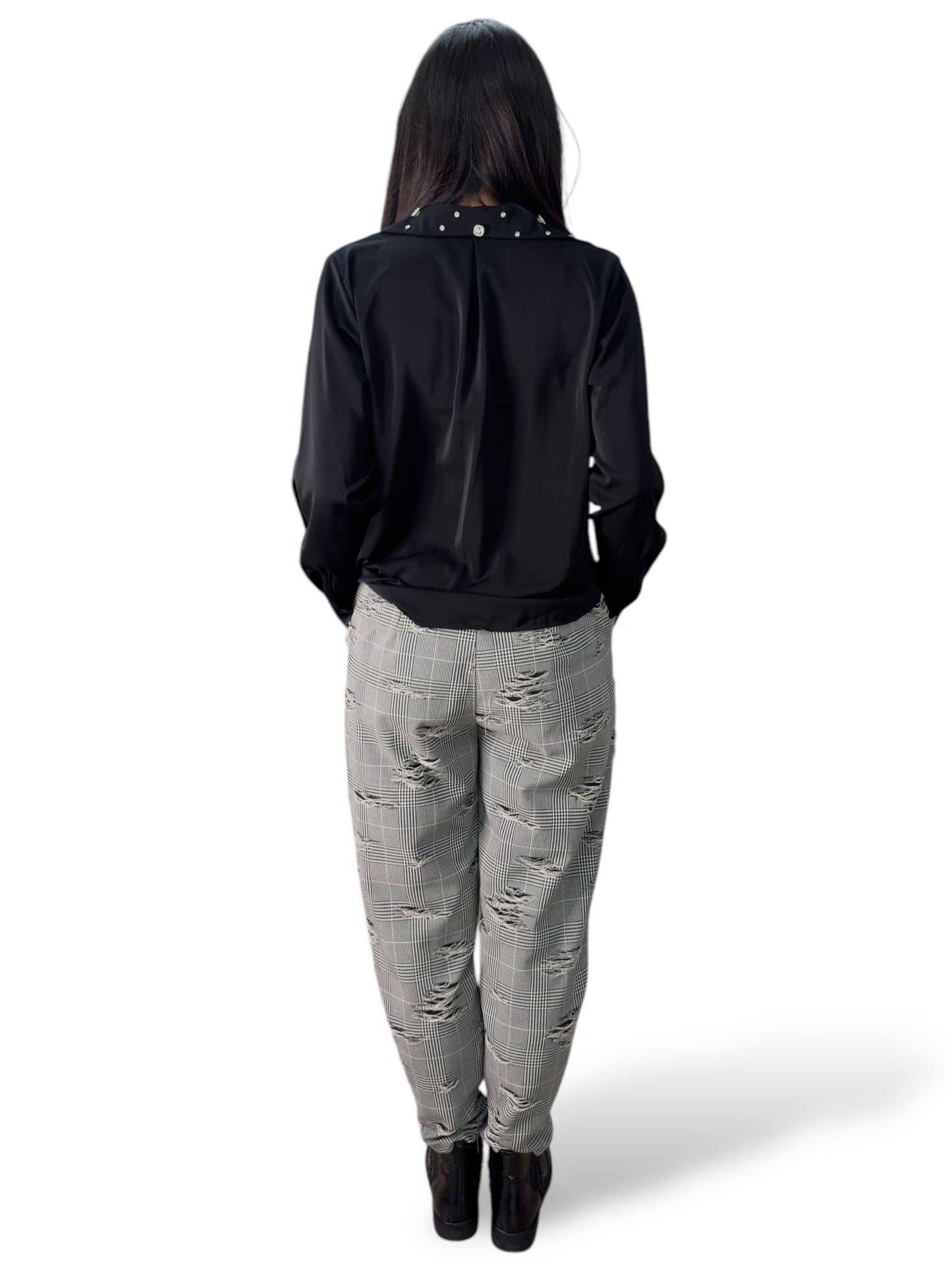 Pantaloni slim fit con motivo Principe di Galles effetto distressed