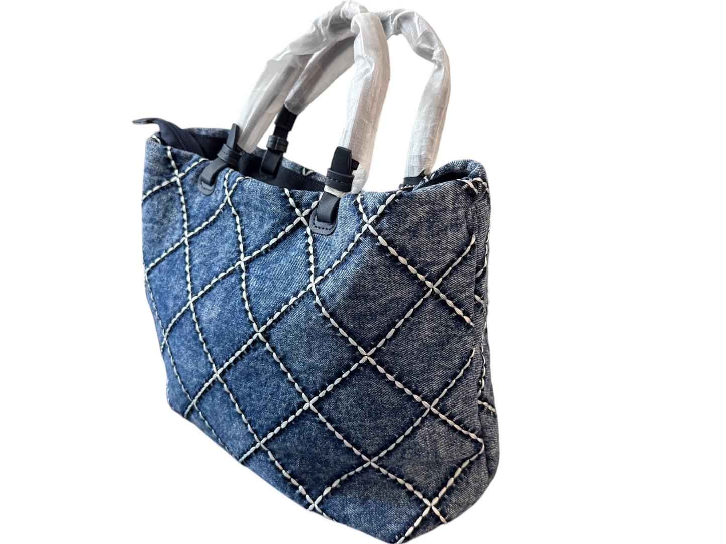 Tomassini borsa in denim con impunture a rombi a contrasto