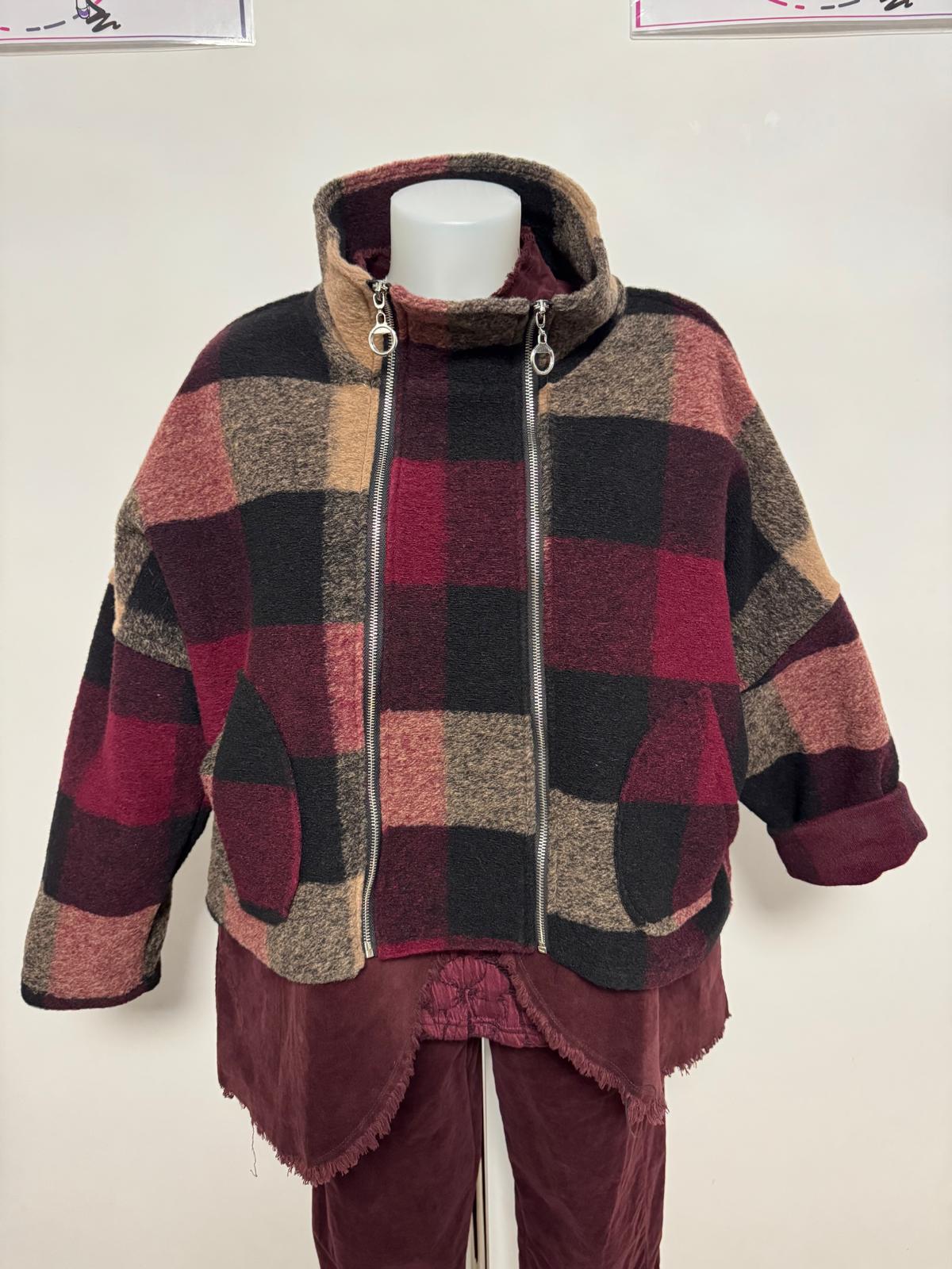 158C giacca tartan in feltro a collo alto con doppia zip