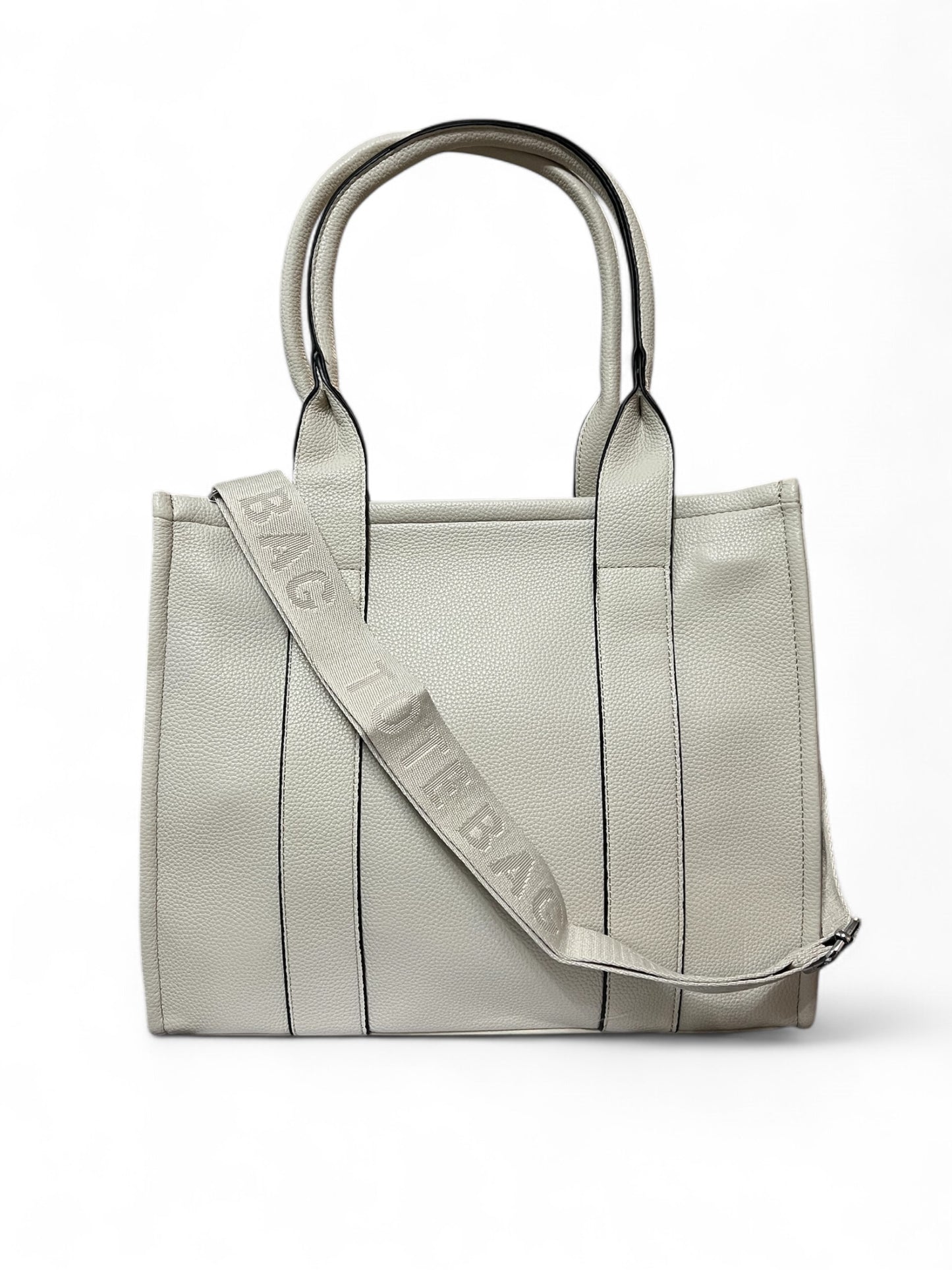 Tote bag in pelle bianca con tracolla in tessuto