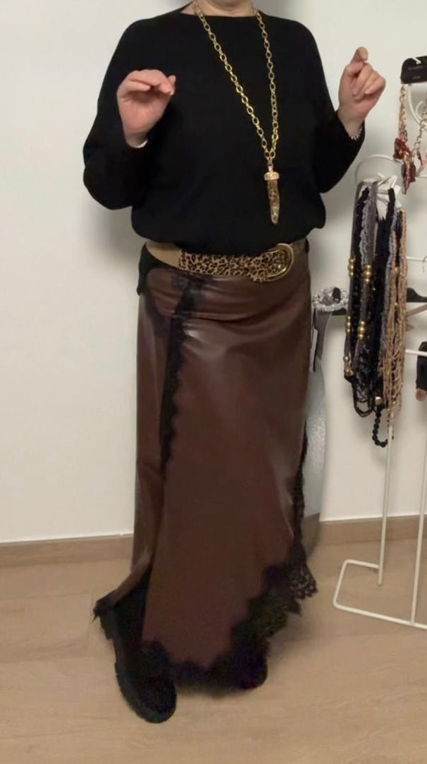 Gonna in simil pelle e pizzo