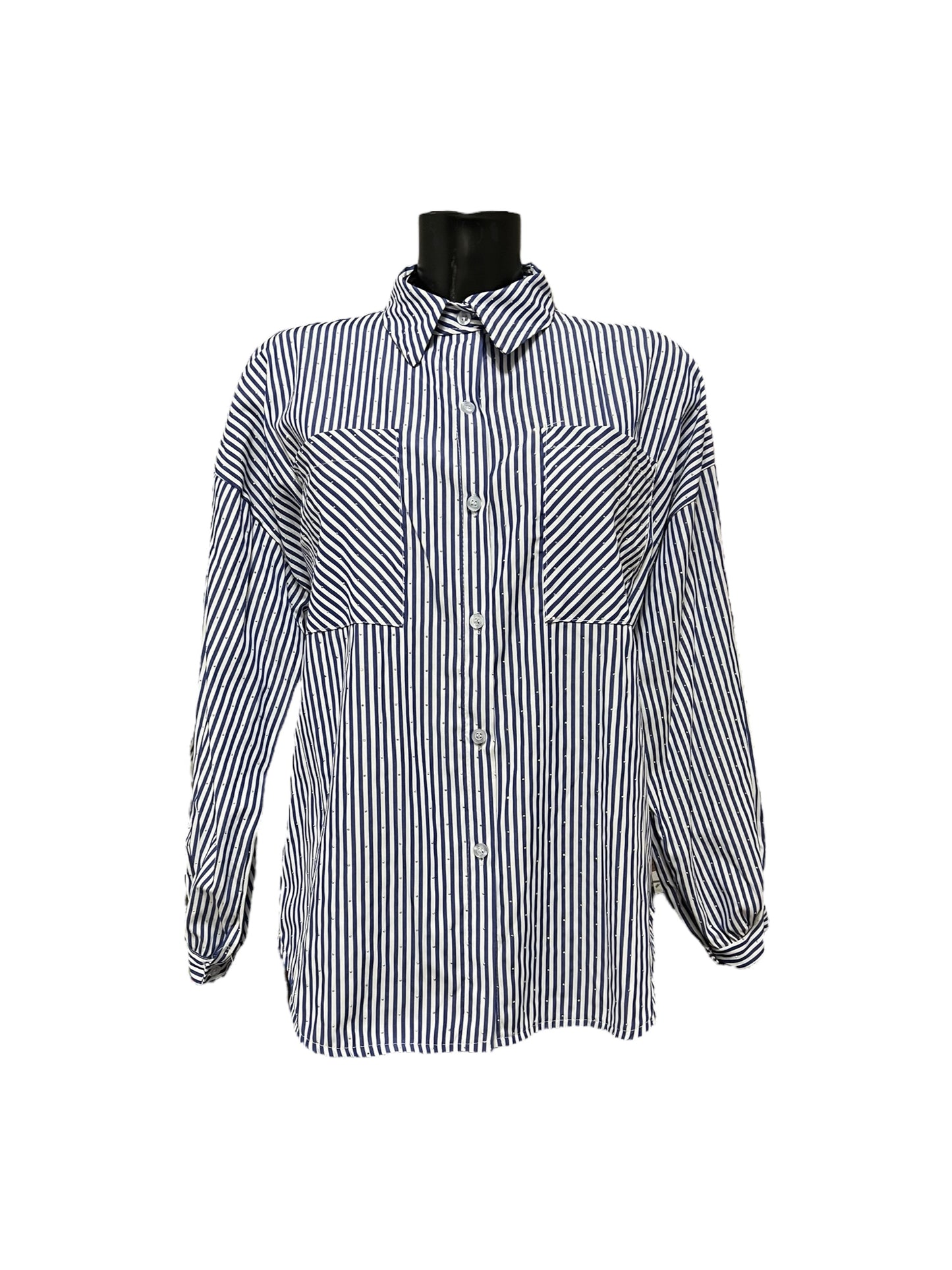 Camicia a righe con strass e tasche sul petto