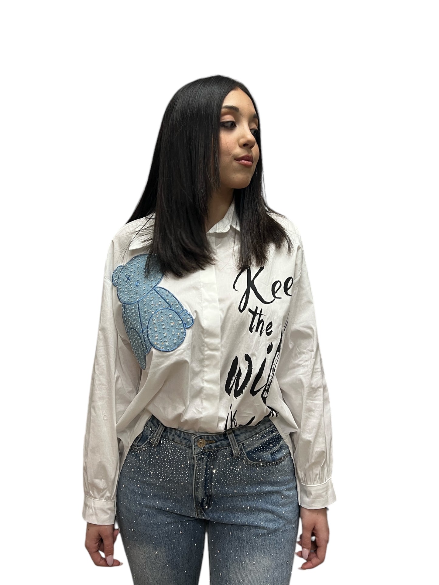 Camicia con scritte e patch a orsacchiotto XL in denim