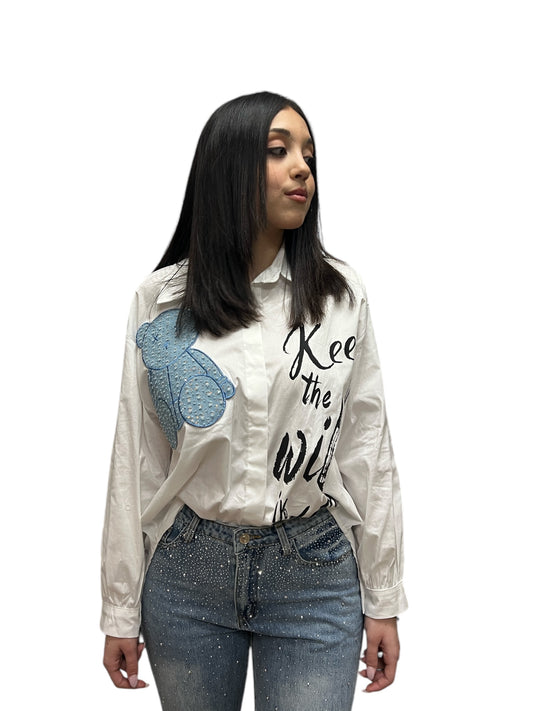 Camicia con scritte e patch a orsacchiotto XL in denim