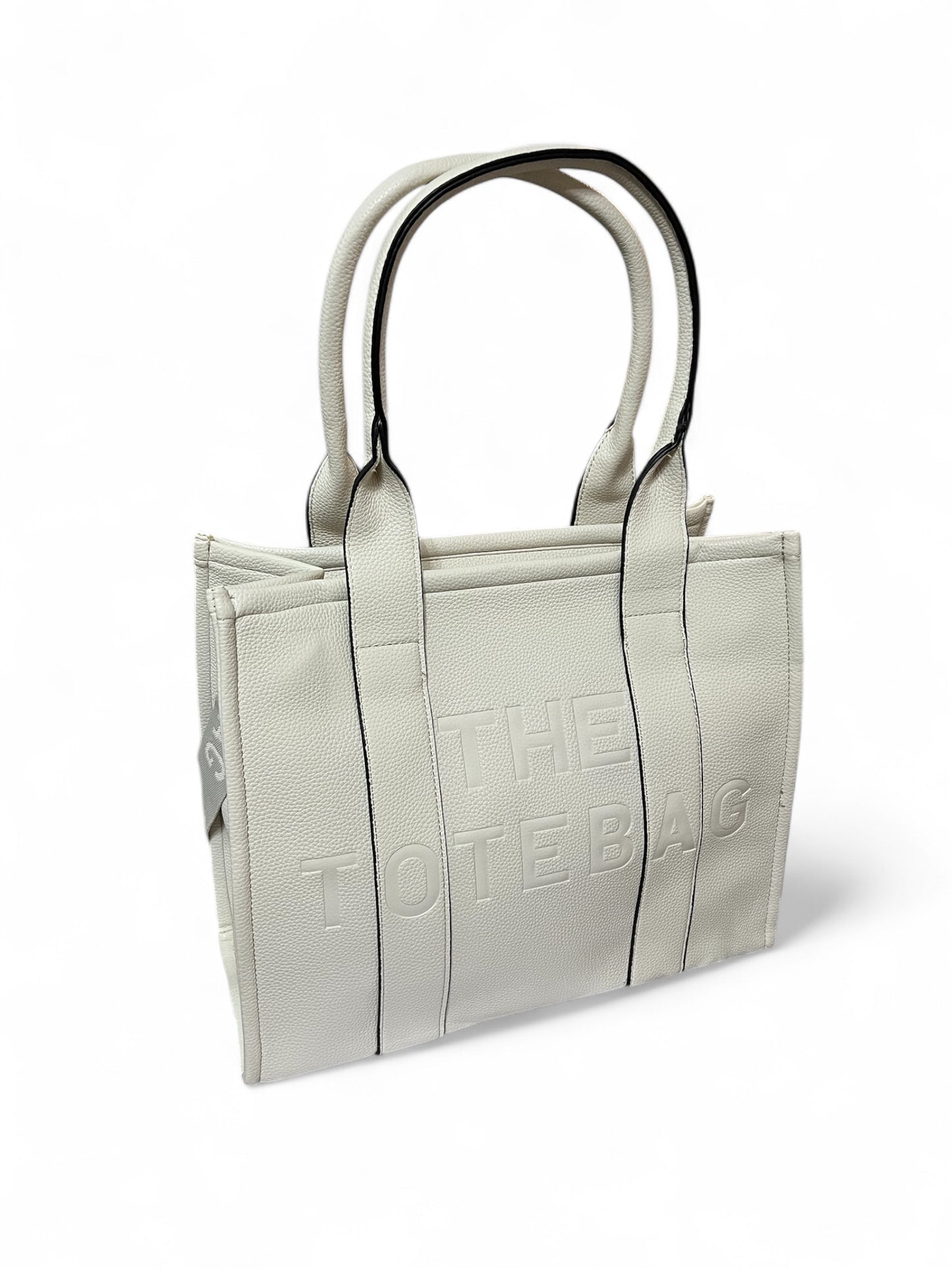 Tote bag in pelle bianca con tracolla in tessuto
