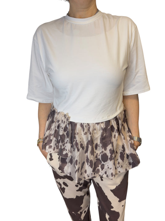 T-shirt in cotone con sezione in tulle con stampa animalier