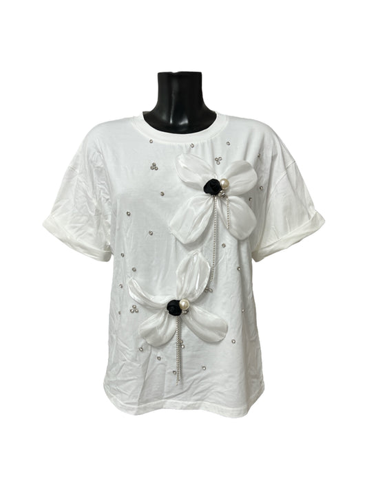 T-shirt con inserti di fiori in raso e strass