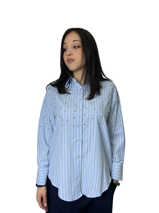 Camicia a righe in cotone con spalle scese e strass