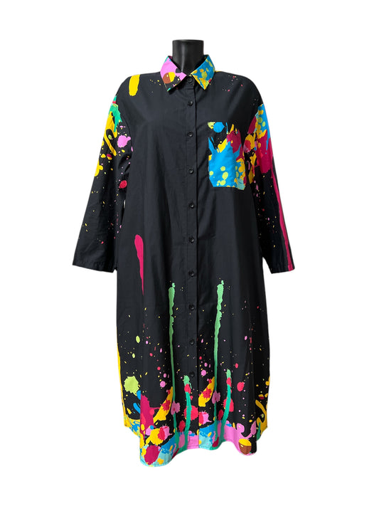 Fly Out vestito stile camicia nero con splatter multicolore