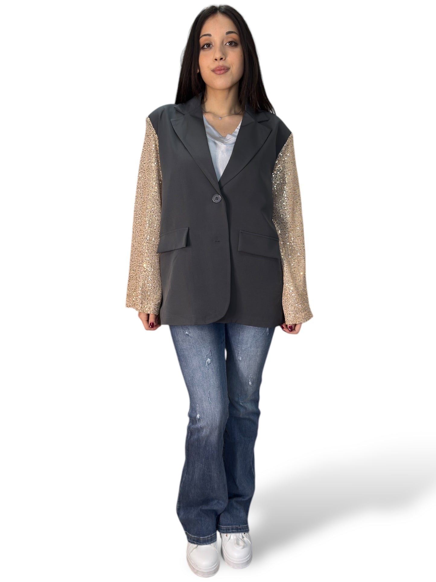 Blazer oversize con maniche a contrasto con paillettes