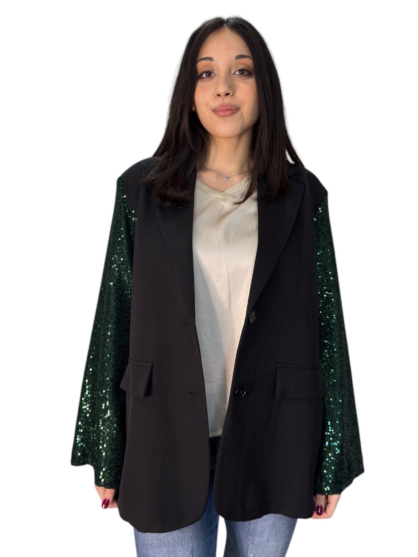 Blazer oversize con maniche a contrasto con paillettes