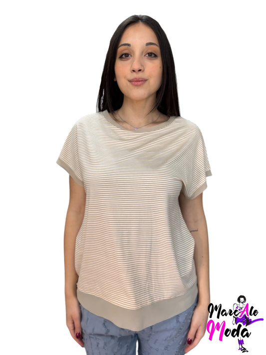 T-shirt a righe slim fit con profili in tulle