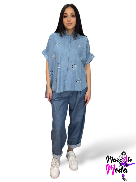 Pantaloni in chambray tapered fit con vita elasticizzata