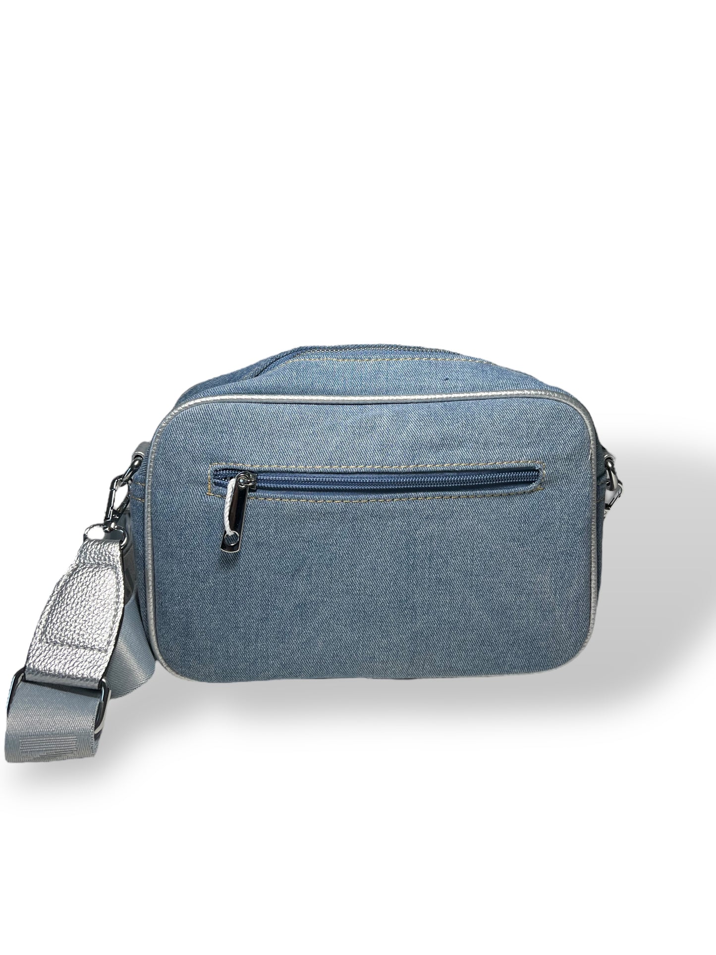 Borsello con lavorazione di jeans e profili in pelle