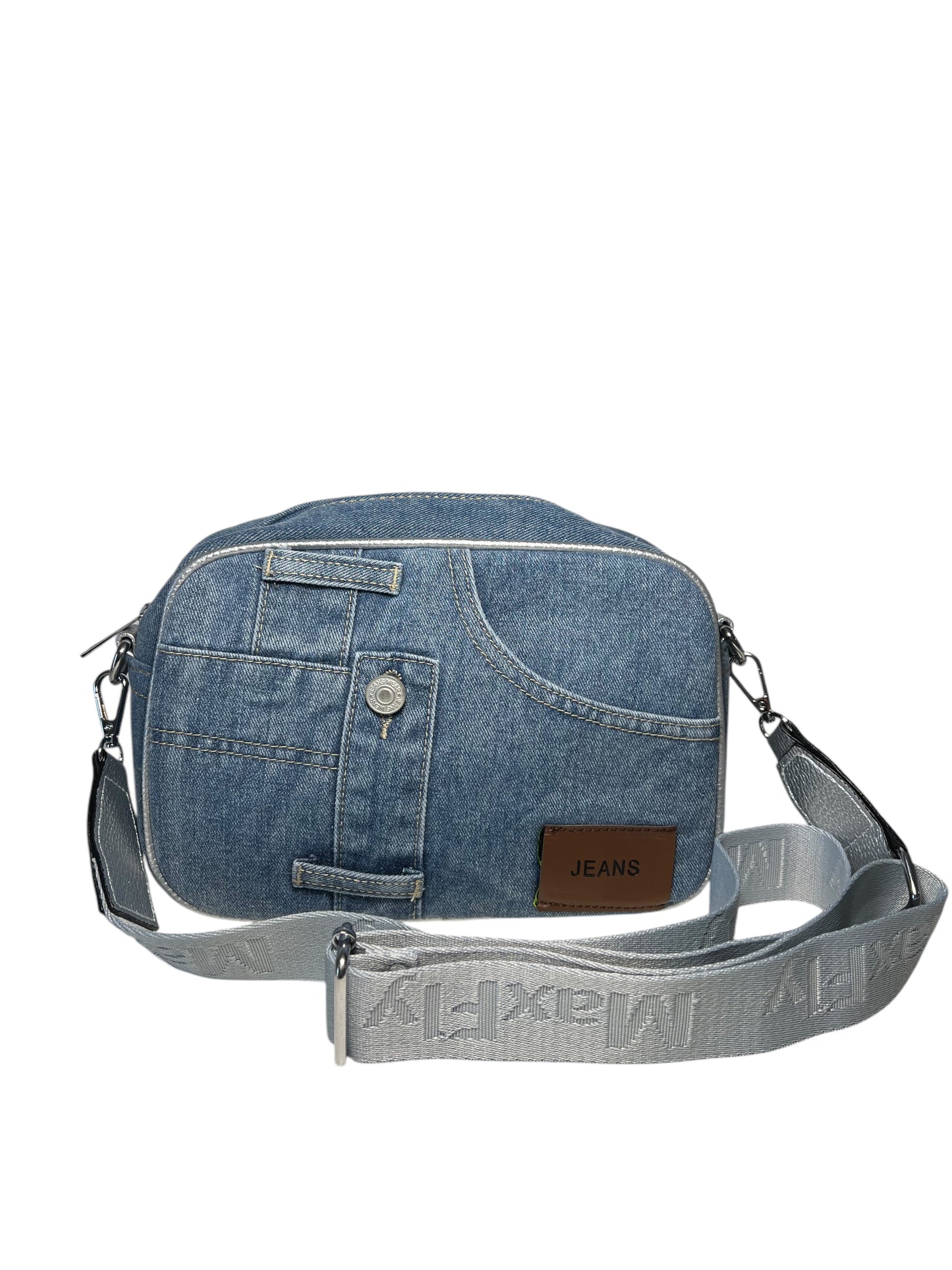 Borsello con lavorazione di jeans e profili in pelle