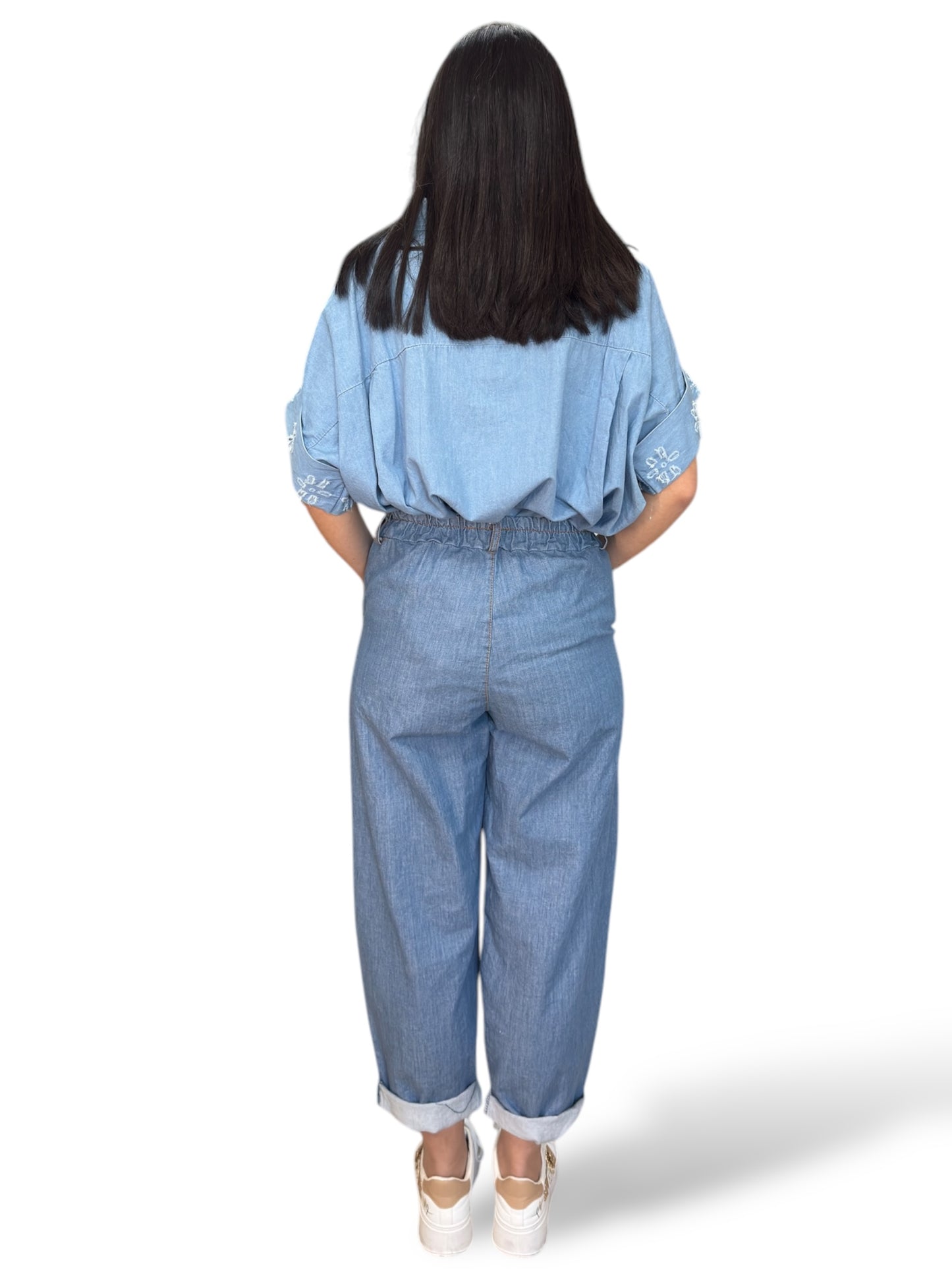 Pantaloni in chambray tapered fit con vita elasticizzata